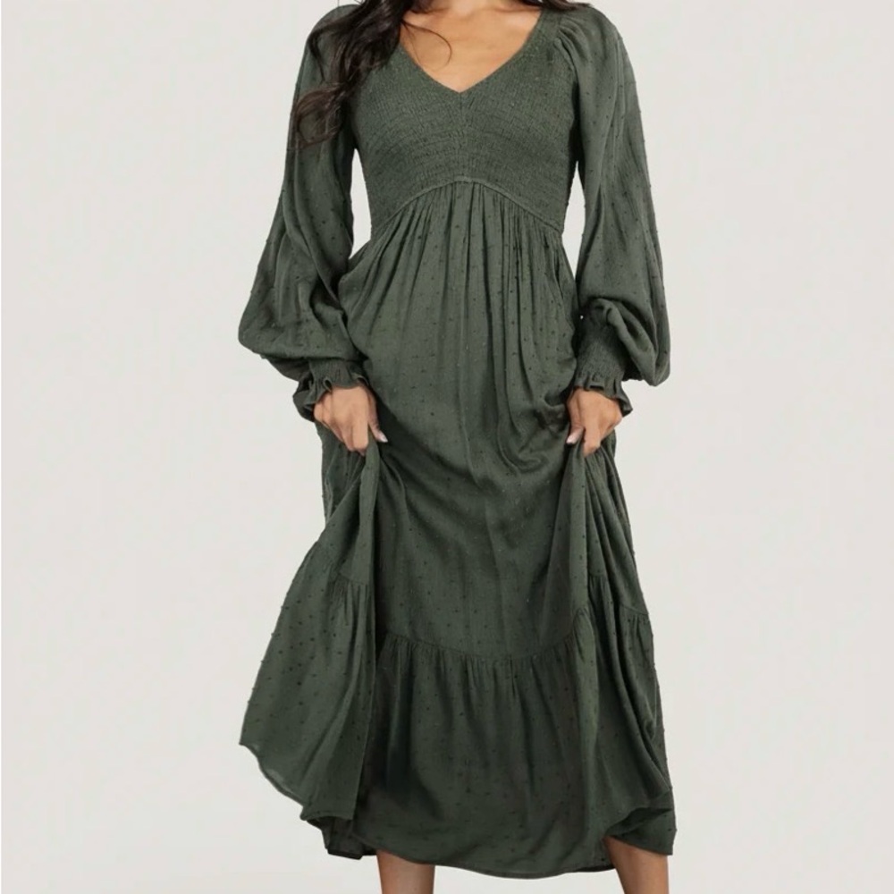 Baltic Born Lainey Smocked Dotted Midi Dress Size XS Deep Olive